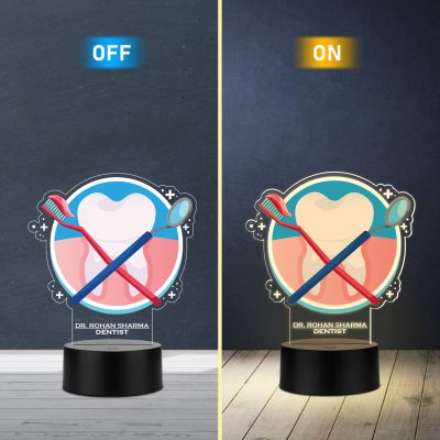 Personalized Dentist LED Night Lamp with Tooth and Dental Tools Design, Warm White Acrylic Light with Black Base Gift for Dentist Nightlight for Dental Clinic